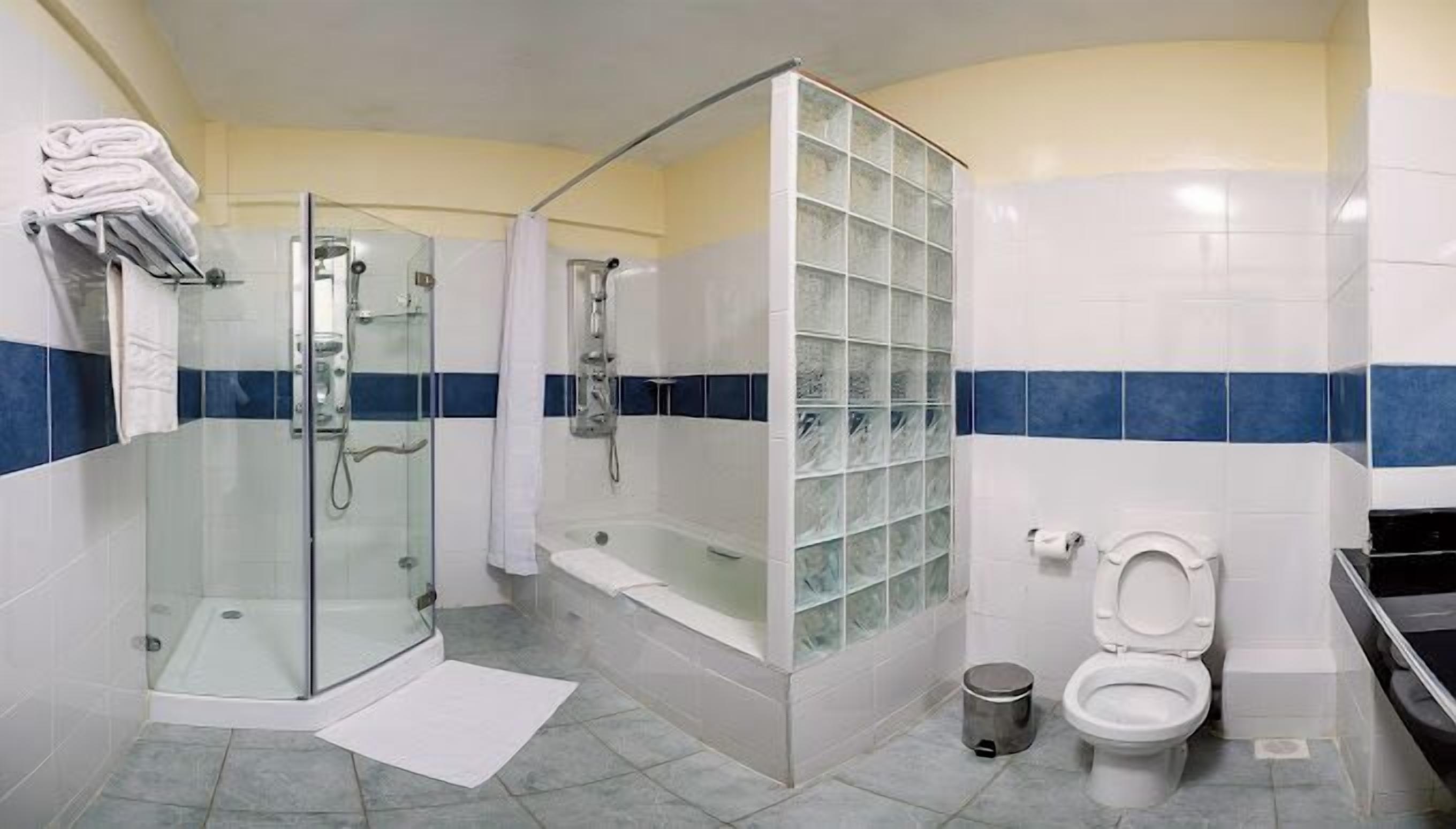 Een badkamer met een douche met glazen wand, een bad en een toilet.