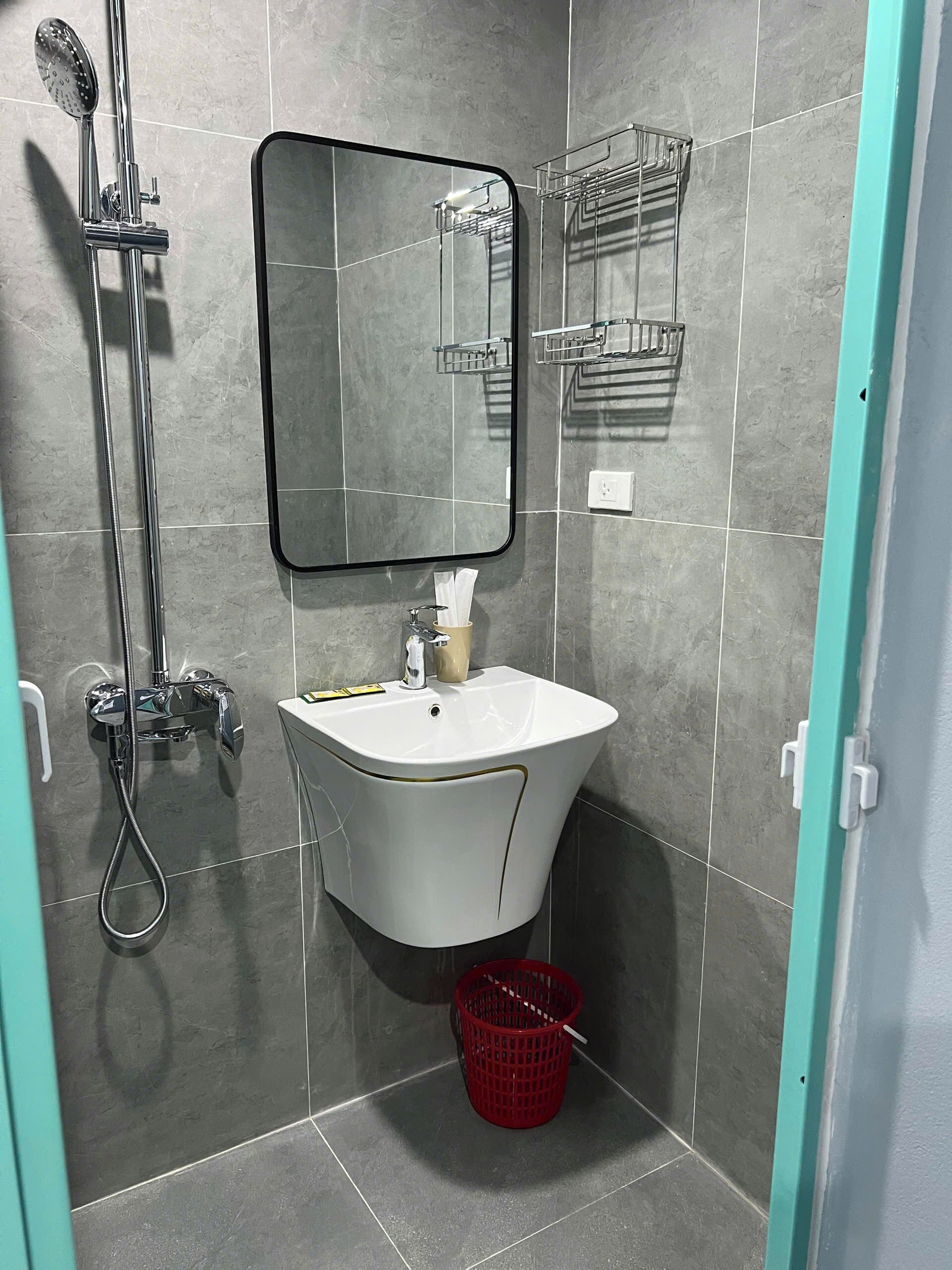 A bathroom with a white sink, a handheld showerhead, a mirror, and a red basket.