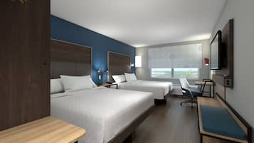 Premium bedding, desk, laptop workspace, blackout curtains