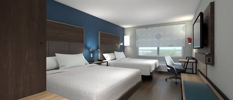 A hotel room with two beds, a desk, a chair, a TV, and a window with a city view.