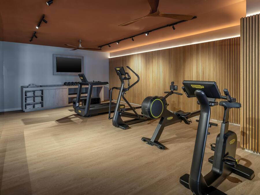 Un gimnasio moderno con máquinas de cardio, un televisor y un ventilador de techo.
