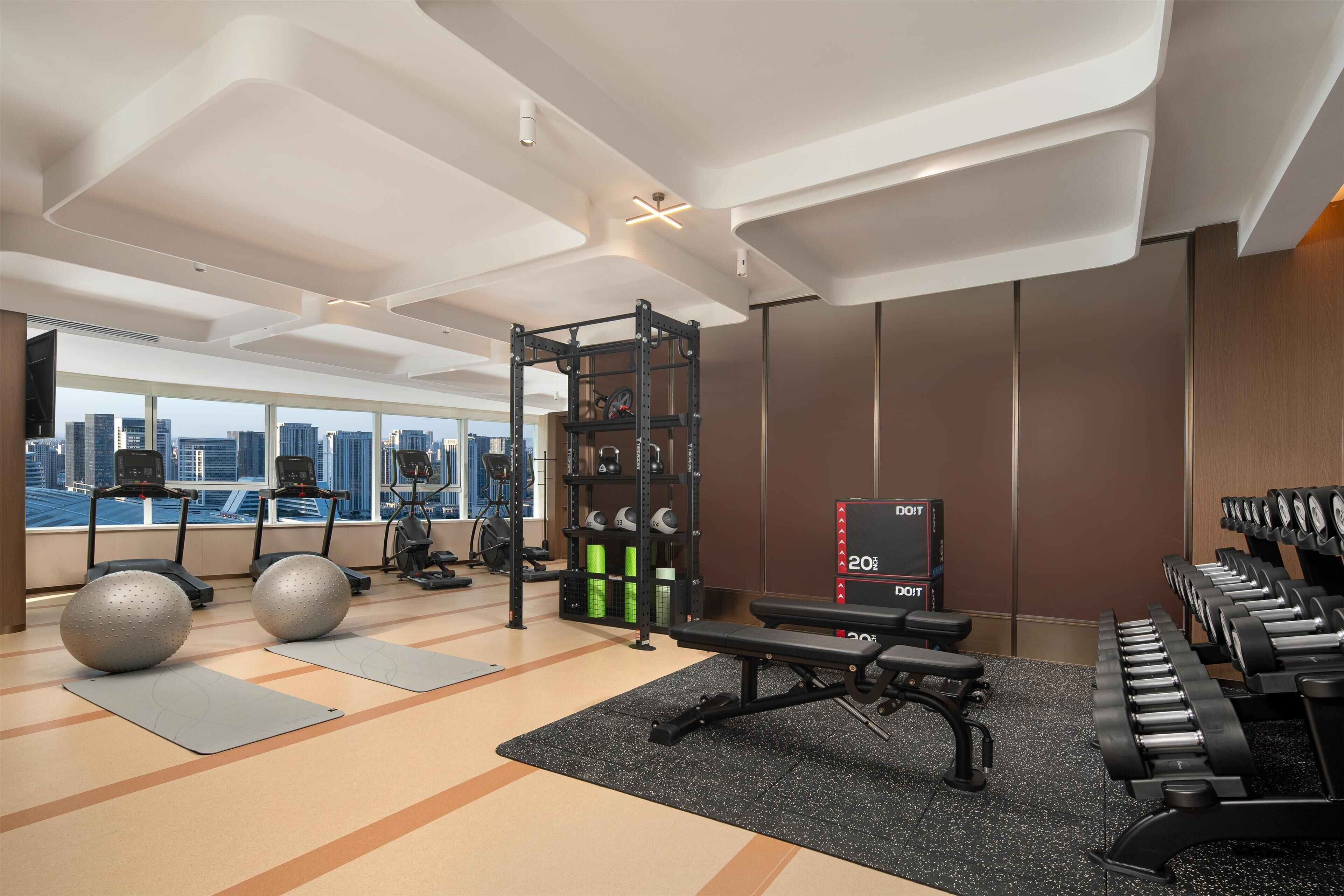 A modern gym with treadmills, elliptical machines, a squat rack, and free weights.