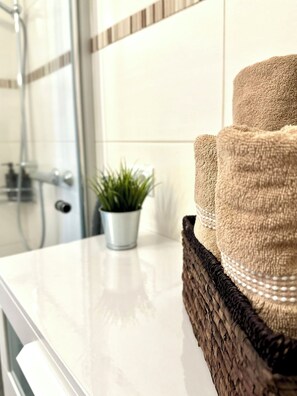 Shower, hair dryer, towels, soap - Sleeping with the Sandman, cozy vacation apartment, private entrance and terrace (Dörpen)