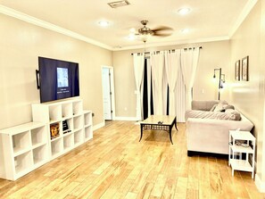 Smart TV, fireplace, video games, table football