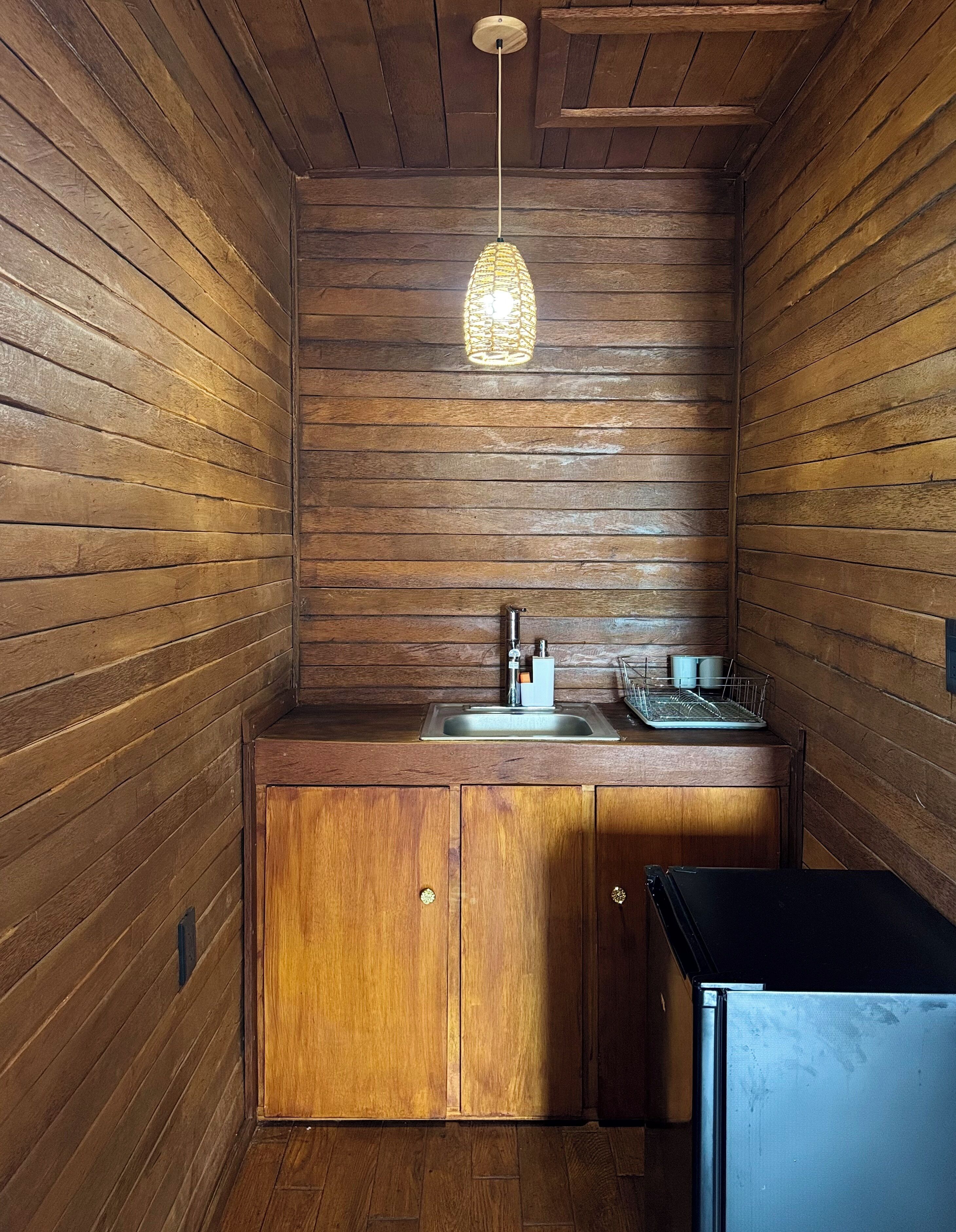 Une cuisine de taille réduite avec des murs en bois, un luminaire suspendu, un évier et un réfrigérateur.