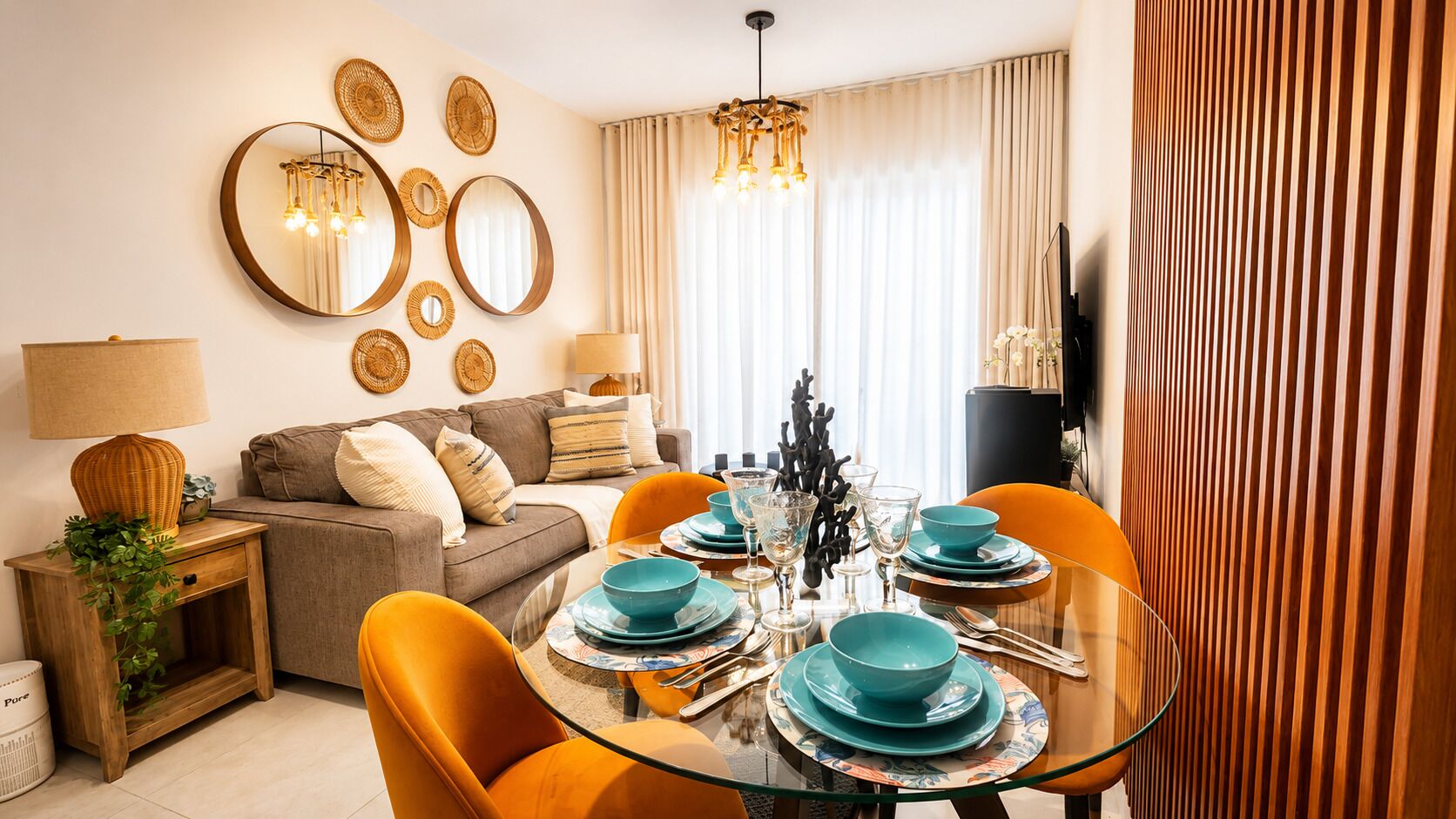 A modern living room with a sofa, a dining table set with blue plates and glasses, and a wall decorated with circular mirrors and a hanging light fixture.