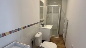 Ein schmales Badezimmer mit Toilette, Waschbecken und Dusche.