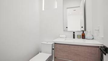 Regadera, secadora de cabello, toallas, papel de baño