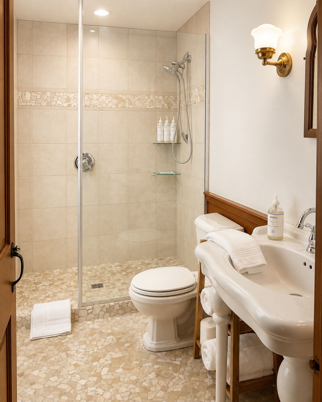 A bathroom with a shower, toilet, and sink.