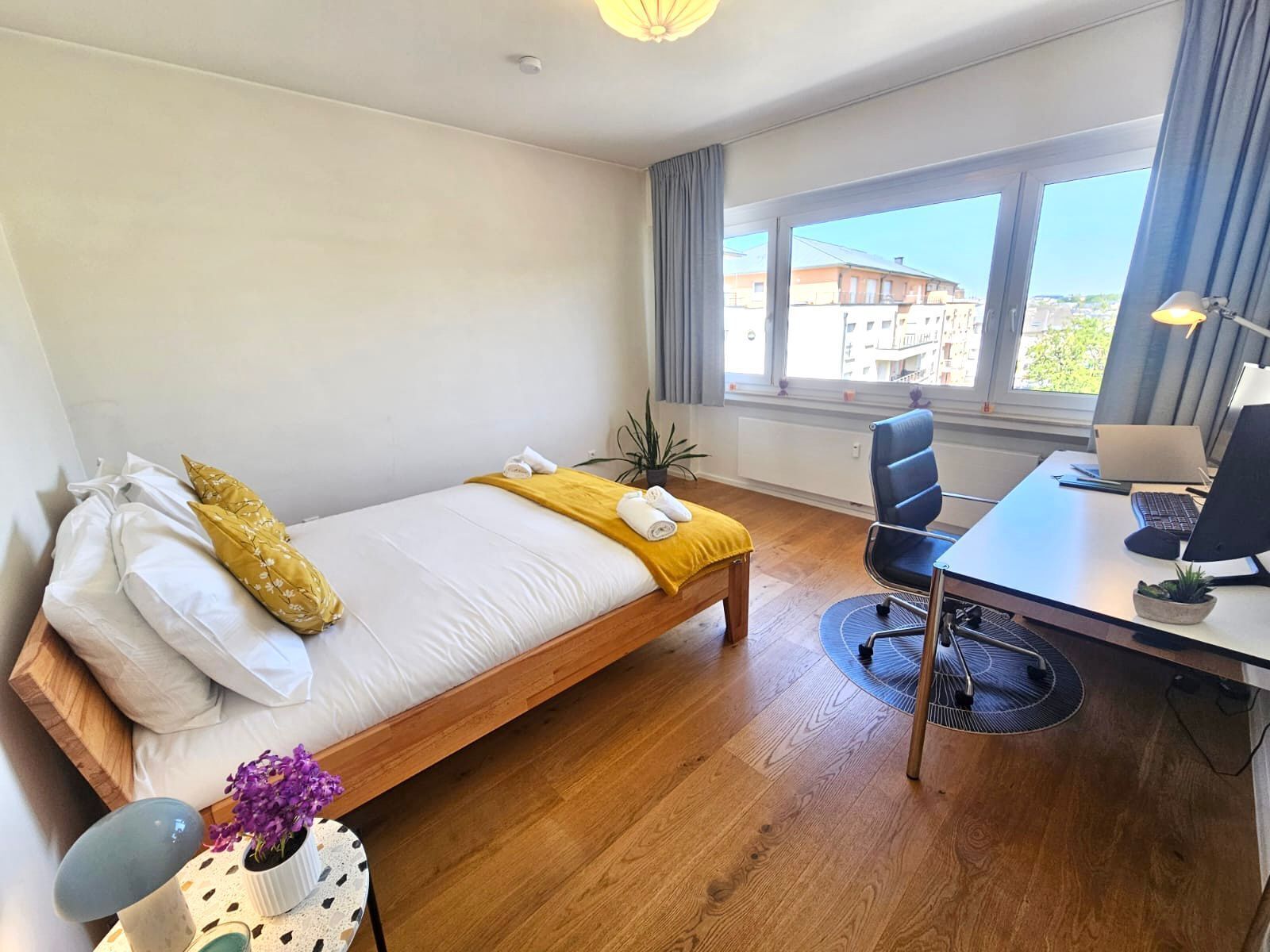 Habitación de hotel con cama, escritorio, silla, ventana con vistas y una planta en maceta.