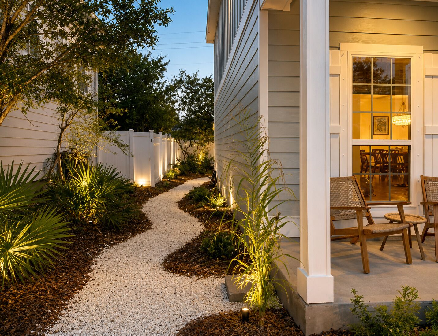 A gravel pathway leading to a house with a white fence, outdoor seating, and plants.