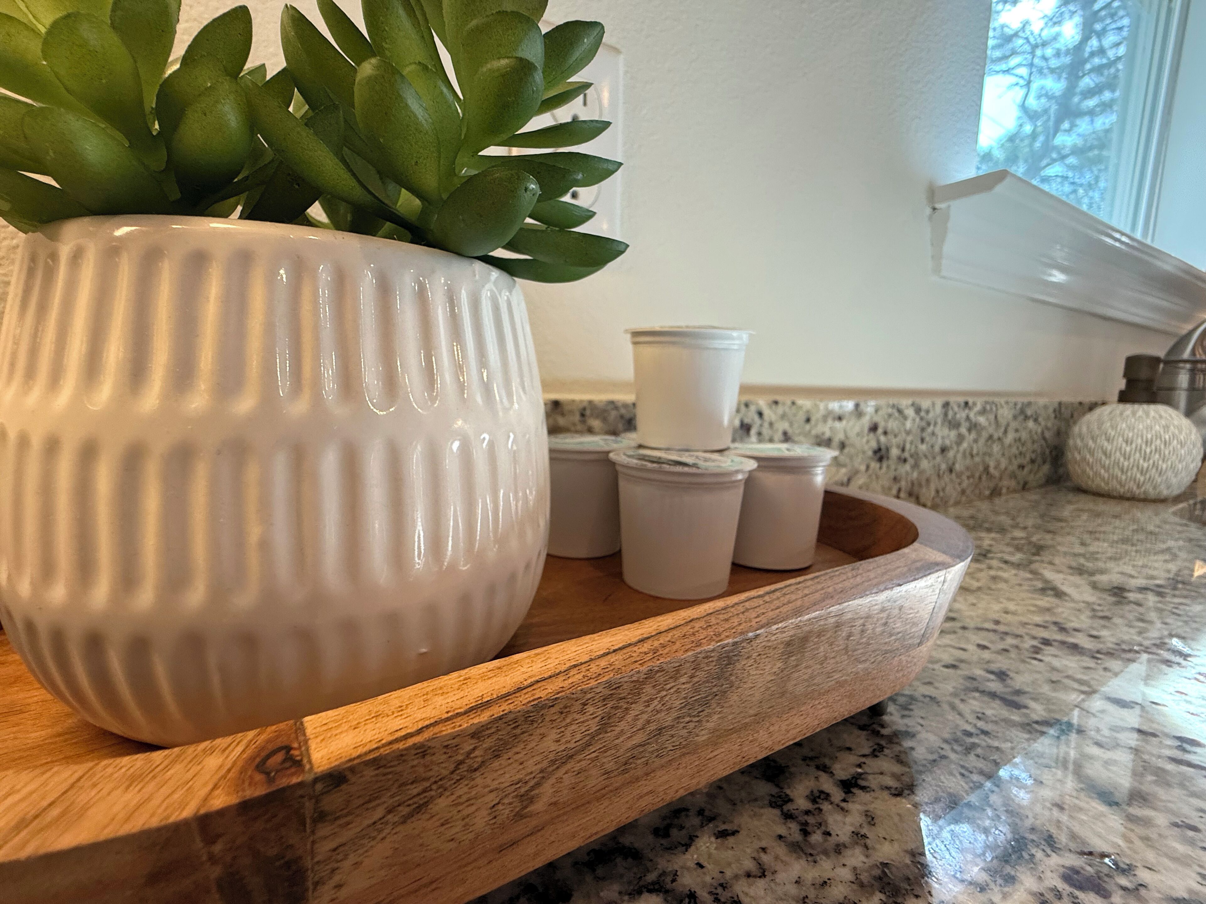 Una pianta succulenta in un vaso di ceramica bianca su un vassoio di legno.