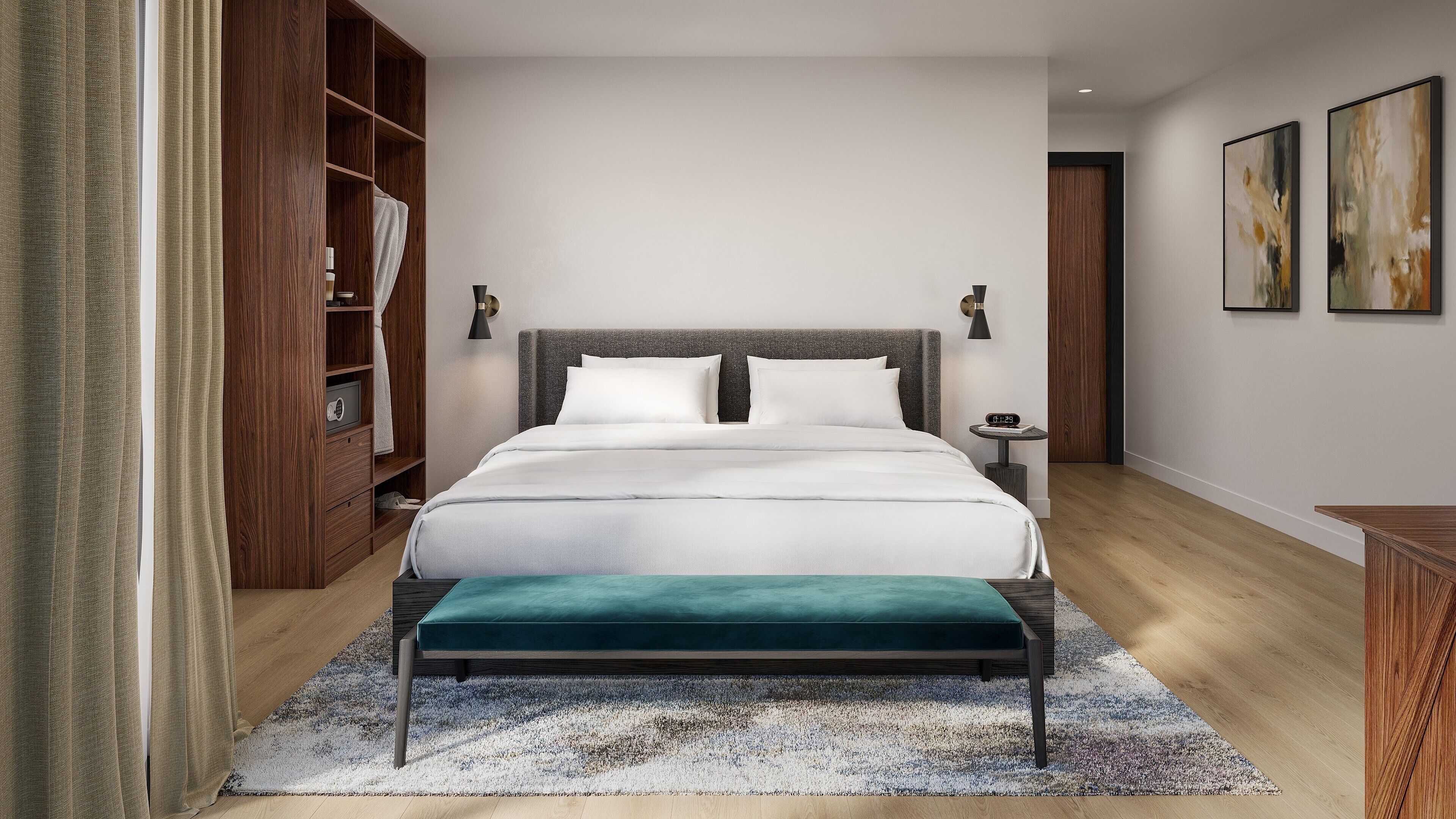 Bộ đồ giường cao cấp, nệm có lớp đệm bông, minibar 