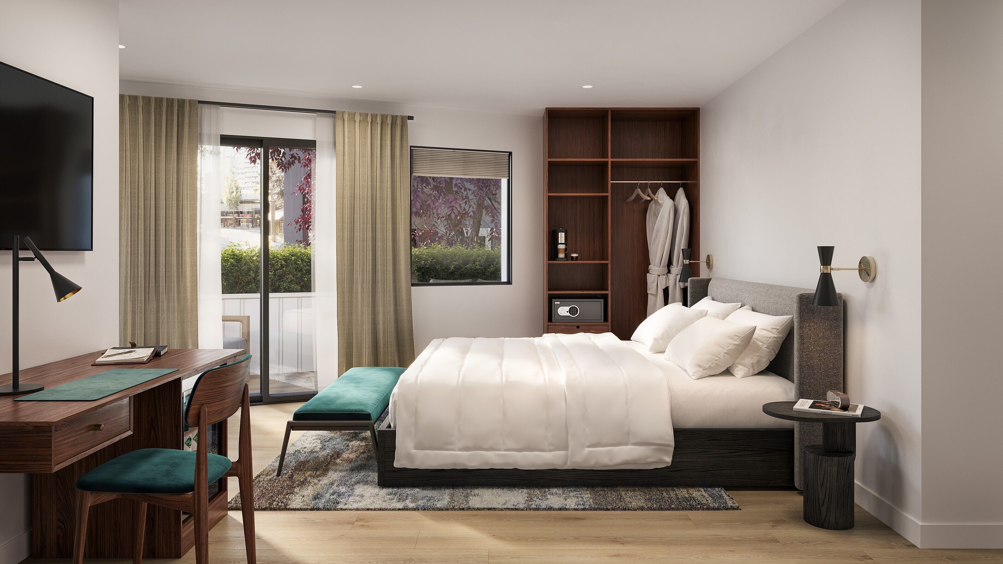 Bộ đồ giường cao cấp, nệm có lớp đệm bông, minibar 