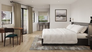 Quarto moderno com uma cama grande, uma escrivaninha com cadeira, dois bancos altos e uma janela ampla com cortinas, além de um quadro na parede.