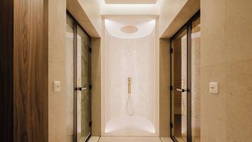 A modern hallway with glass doors, a recessed ceiling, and a shower area.