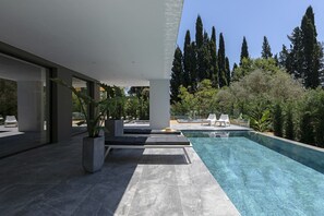 A modern outdoor pool area with a clear view of the surrounding landscape, including tall trees and a well-maintained garden.