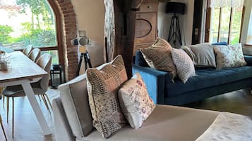 TV, fireplace, books, computer monitors