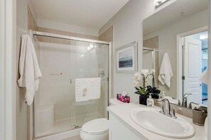 Hair dryer, towels, soap, toilet paper