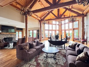 Smart TV, fireplace, books