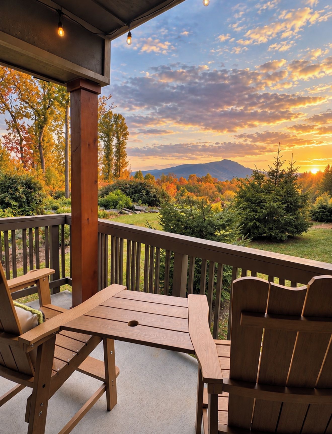A wooden deck with two Adirondack chairs and a table, overlooking a landscape with autumn foliage and mountains.