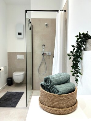 Shower, towels, toilet paper