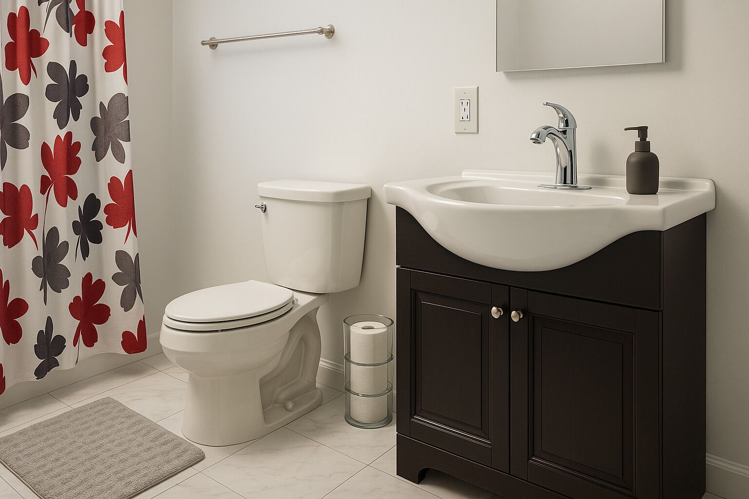 Un baño con inodoro, lavamanos y cortina de ducha.