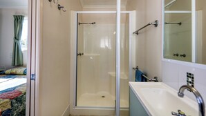 Une salle de bain avec une douche à parois de verre, un lavabo et un miroir.