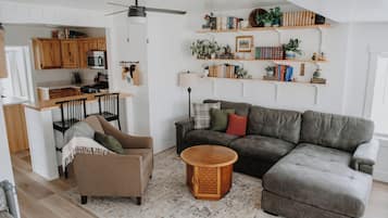 Smart TV, chimenea, reproductor de DVD, libros