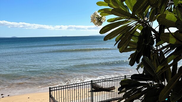 A beach view with a pool area, a sign indicating shower and towel use, and a clear sky. - Cool 1BD Entire Condo On The Beach in Maalaea Harbor (Wailuku)