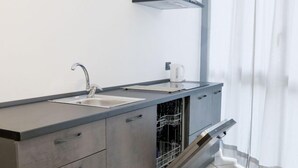 A modern kitchen with a built-in dishwasher, a stainless steel sink, and a grey countertop. - Discover the pleasure of living in the heart of Bellano, kissed by the beauty of Lake Como.Its central location allows you to immerse yourself in the vibrant life of Bellano, with its characteristic shops, delicious restaurants and authentic atmosphere.  (Bellano)