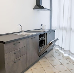A modern kitchen with two sinks, a dishwasher, and a built-in oven.