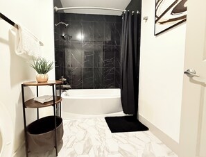Hair dryer, towels, soap, toilet paper