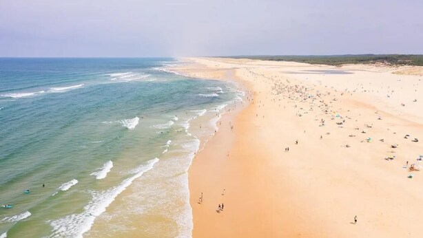Ein weiter Sandstrand mit Menschen und Sonnenschirmen, ein klarer Himmel und ruhiges Meer.