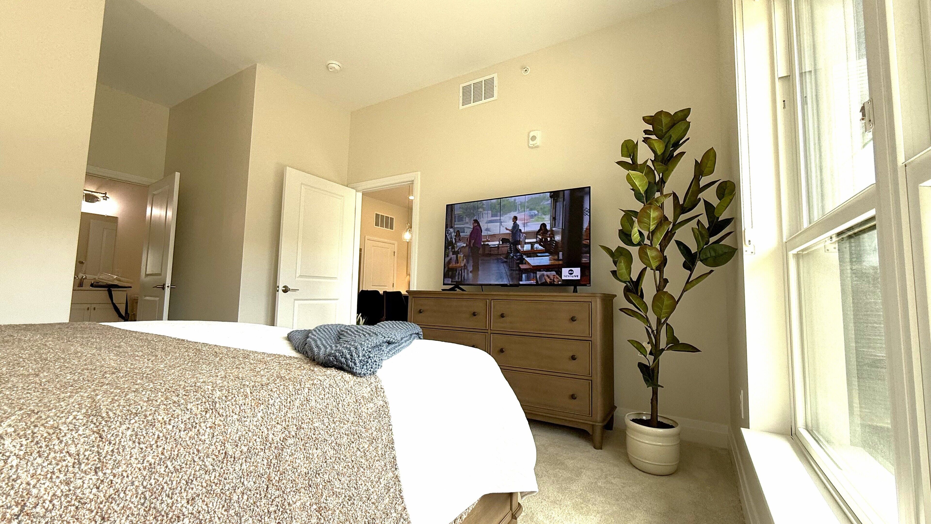 A bedroom with a bed, dresser, television, and a potted plant.