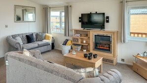 Een woonkamer met een grijze bank, een televisie, een open haard en een raam met gordijnen.