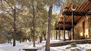 A snow-covered outdoor area with stone steps and a wooden structure.
