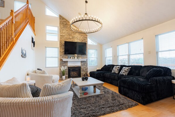 Smart TV, fireplace, foosball