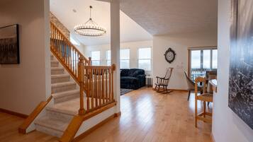 Smart TV, fireplace, foosball