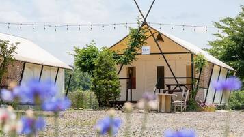 Estrutura em forma de tenda com uma placa indicando “마당지” ao fundo, cercada por árvores e um caminho de cascalho.