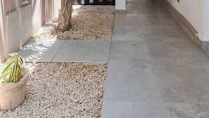 Un corridoio con una palma, ciottoli e pavimento piastrellato.