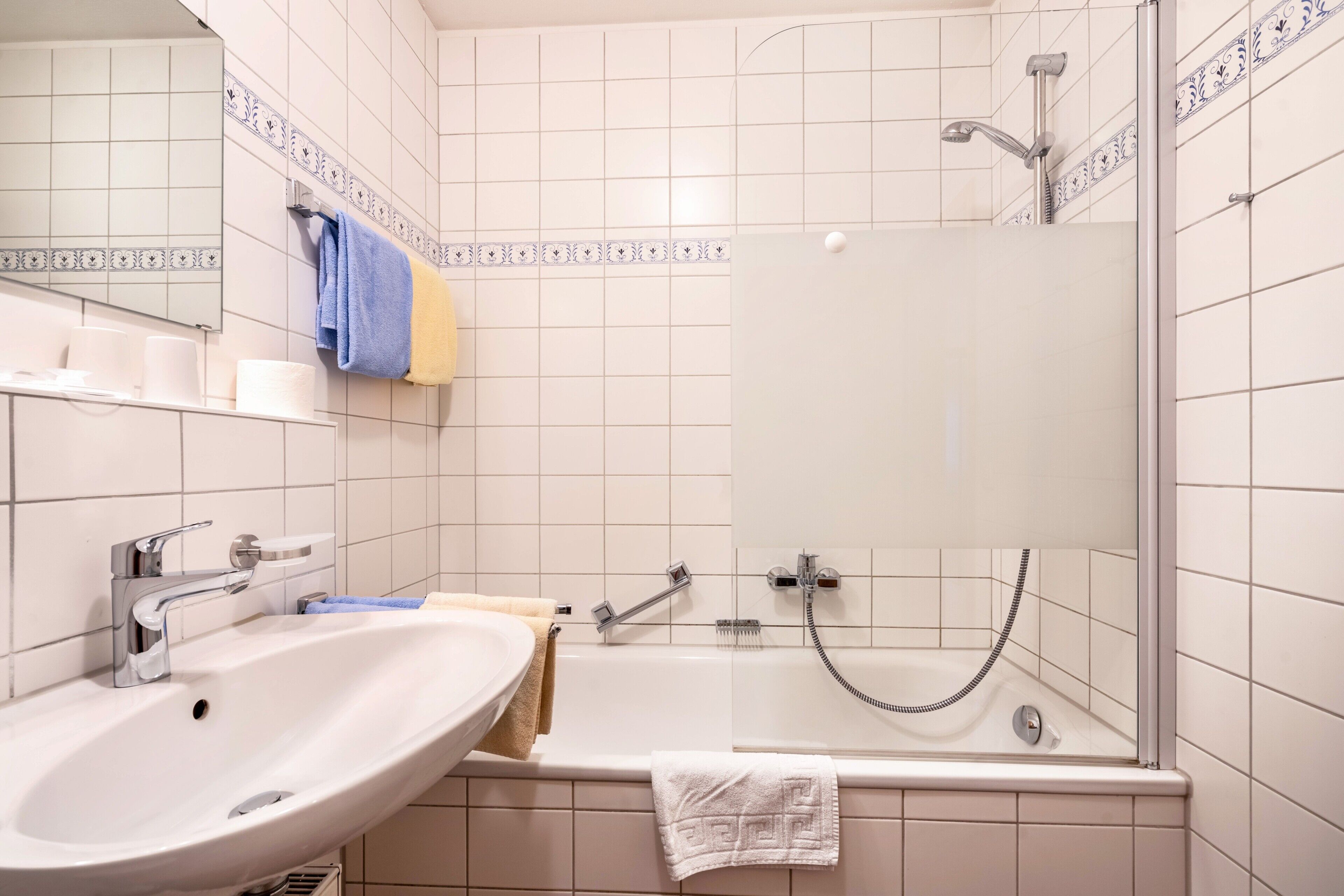 Shower, hair dryer, towels