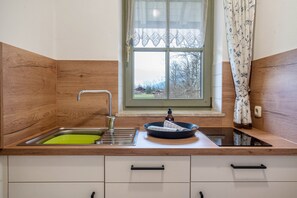 Fridge, microwave, oven, stovetop - Studio 'Brünnstein-Zimmer 40' with Pool, Shared Garden and Sauna (Oberaudorf)