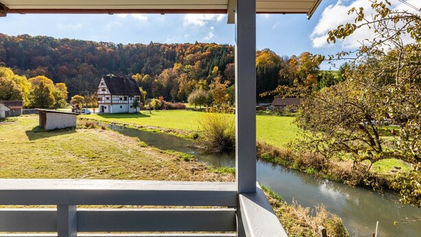 A house with a sloped roof, a grassy yard, and a river. - Apartment '3' with Shared Garden and Wi-Fi (Hayingen-Indelhausen)