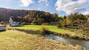 A riverside view with a traditional house, a grassy field, and a forested hill. - Apartment '3' with Shared Garden and Wi-Fi (Hayingen-Indelhausen)
