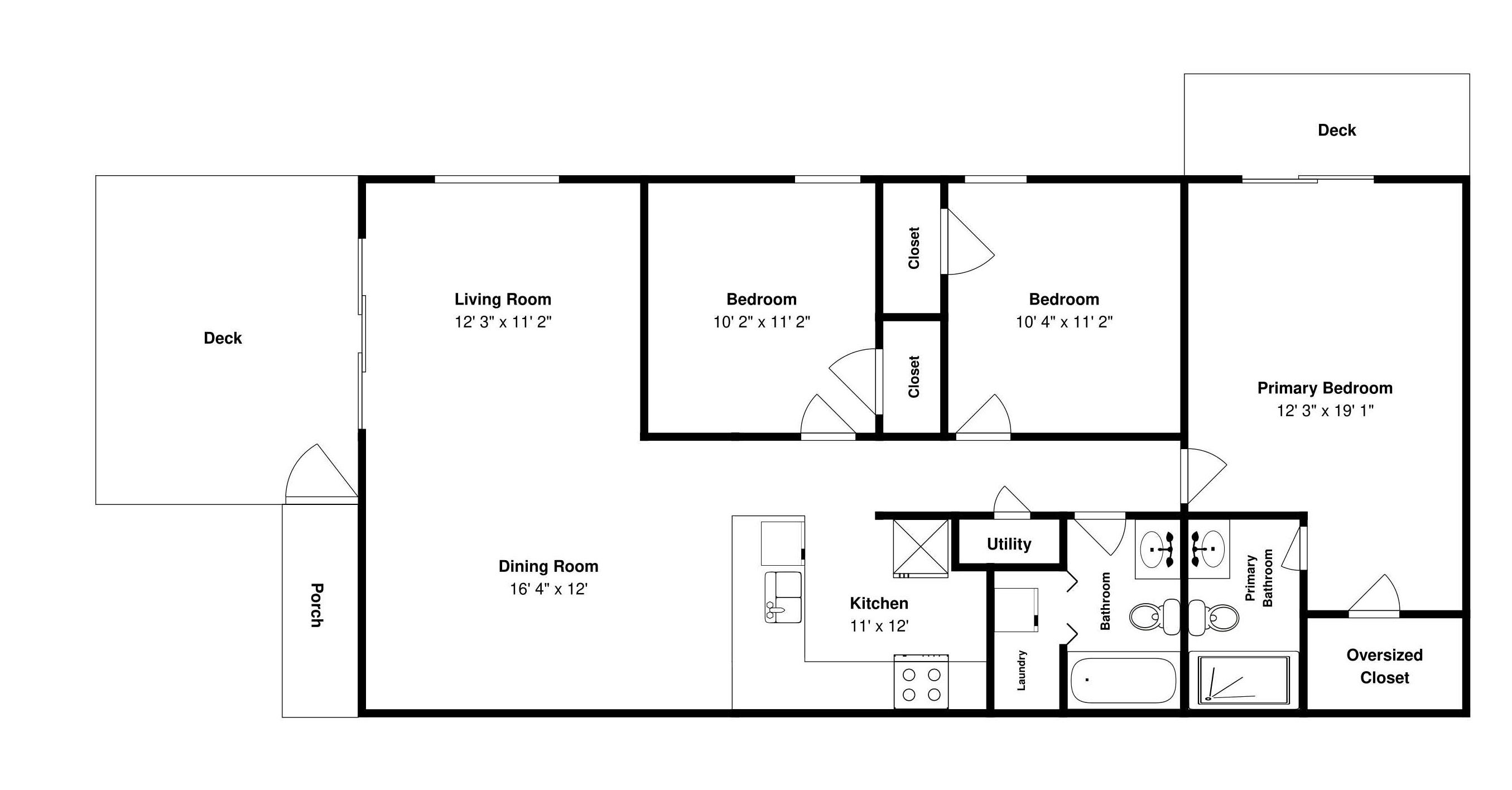 Planta baixa com varanda, sala de jantar, sala de estar, três quartos, cozinha, área de serviço e um armário espaçoso.
