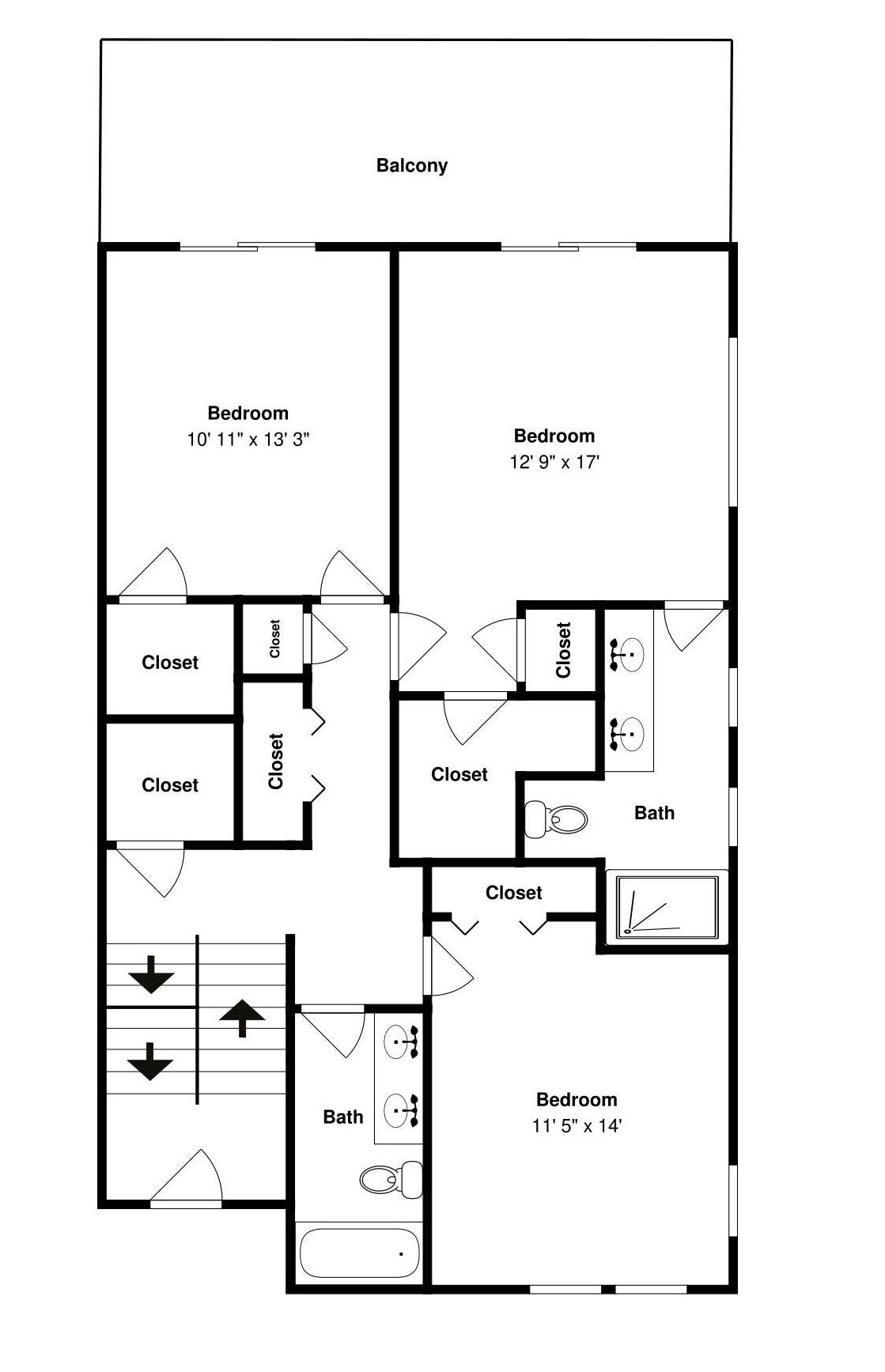 Un plan d’étage d’un appartement résidentiel comprenant deux chambres, un balcon et une salle de bain.