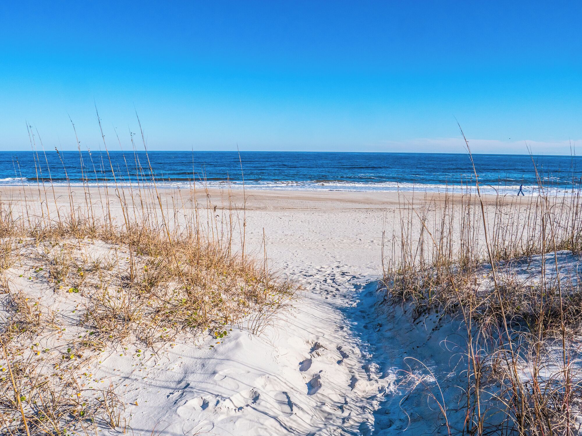 A sandy beach with footprints leading to the water, under a clear blue sky.