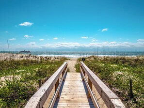 Una passerella in legno che conduce a una spiaggia, con una nave all'orizzonte.
