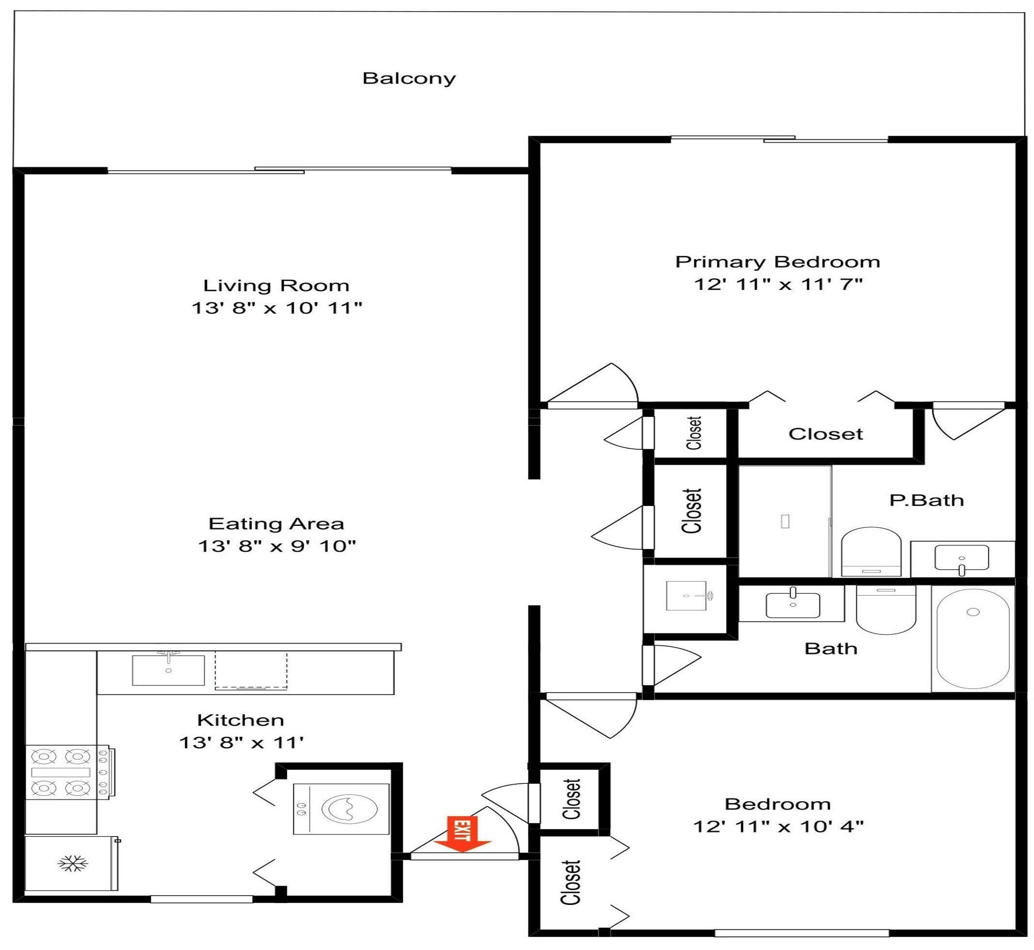 Een plattegrond met een woonkamer, eetgedeelte, keuken, hoofdslaapkamer en twee inloopkasten.